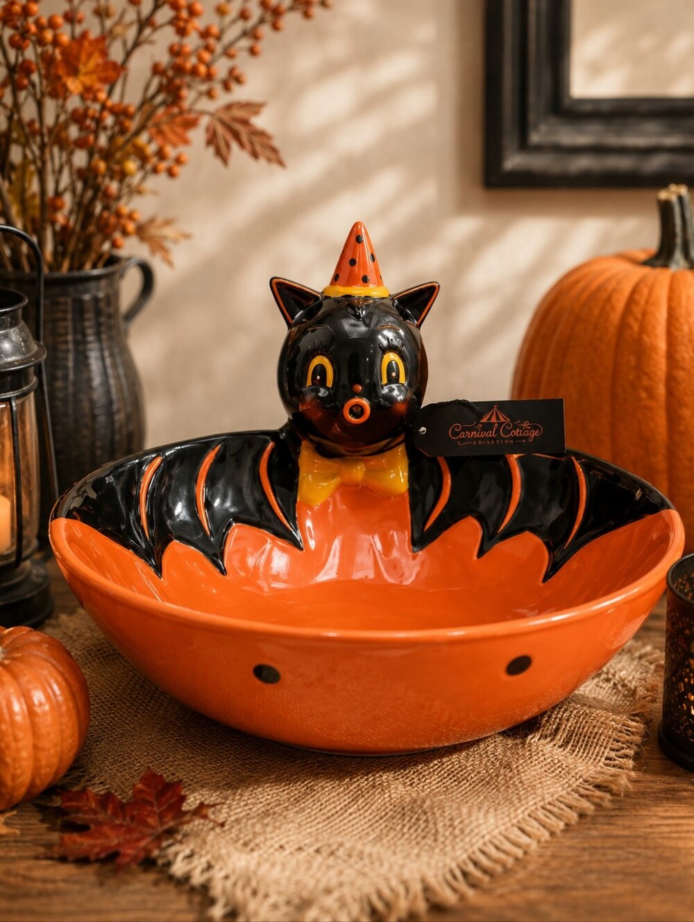 Johanna Parker Bat Candy‎ Bowl Carnival Cottage Halloween Black Orange Magenta